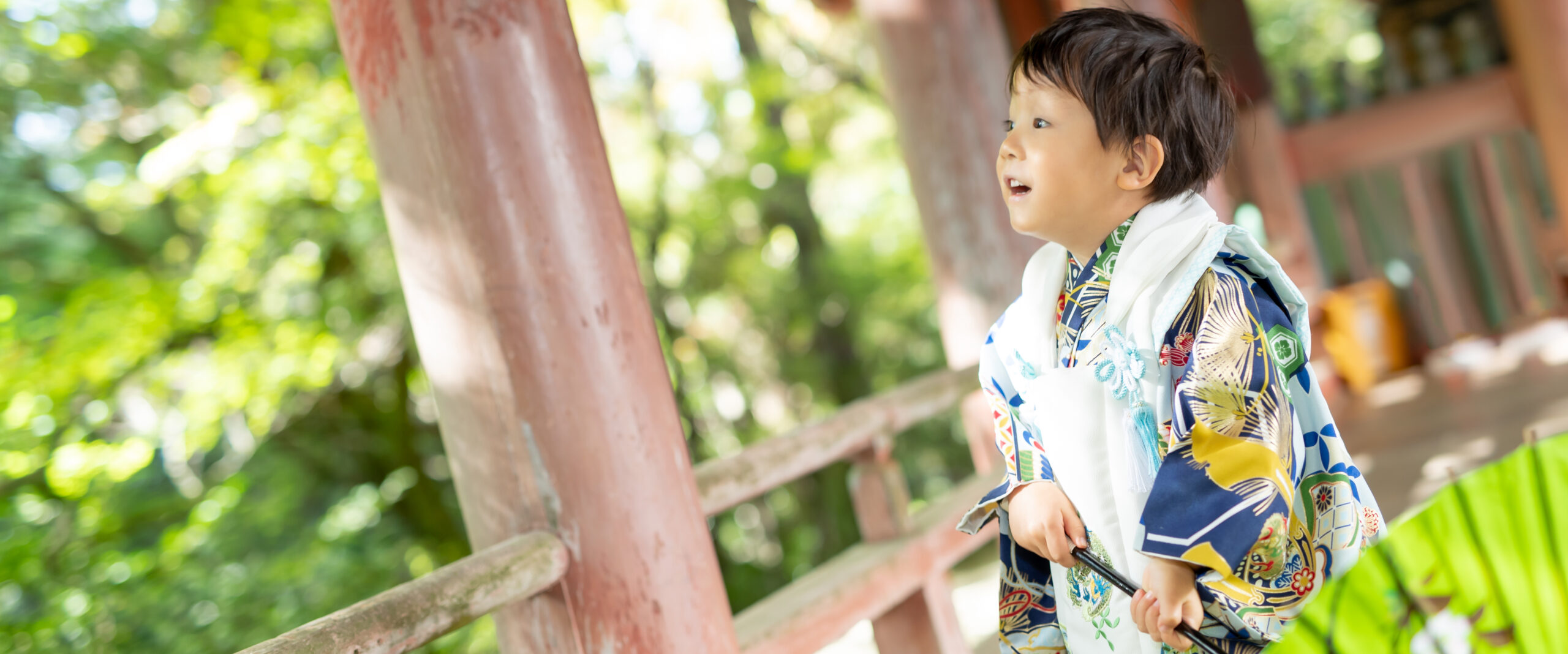 大分の柞原八幡宮の回廊から、鮮やかな青い羽織袴を着た男の子が緑豊かな境内を嬉しそうに眺める七五三ロケーション写真