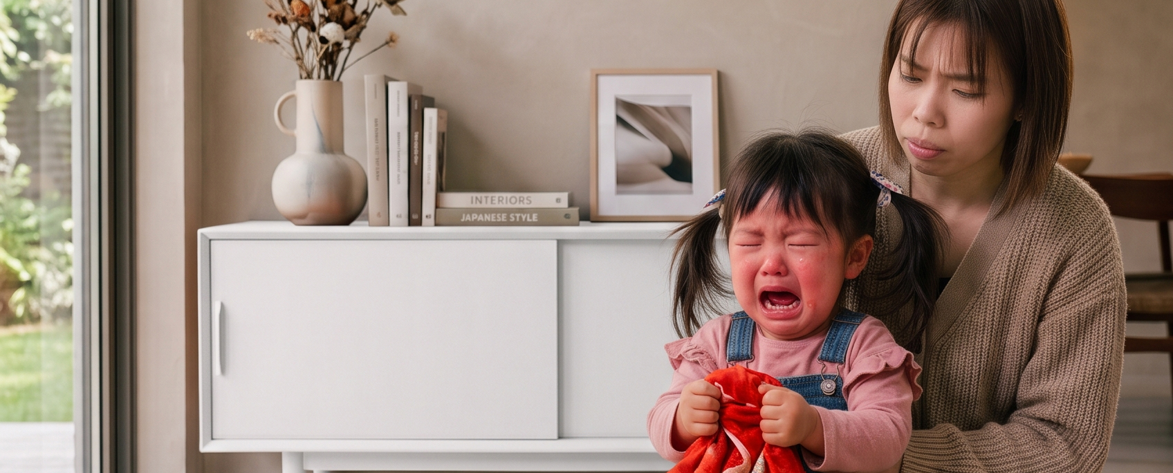 自宅で泣いている小さな女の子に寄り添い、優しく見守るお母さんの様子
